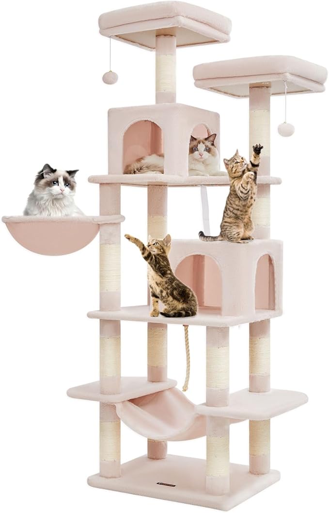 TaoqimiaoCat Tree Cat Tower for Indoor Cats, Plush Multi-Level Cat Condo with 12 Scratching Posts, 2 Perches, 2 Caves, Hammock, 2 Pompoms Jelly Pink
