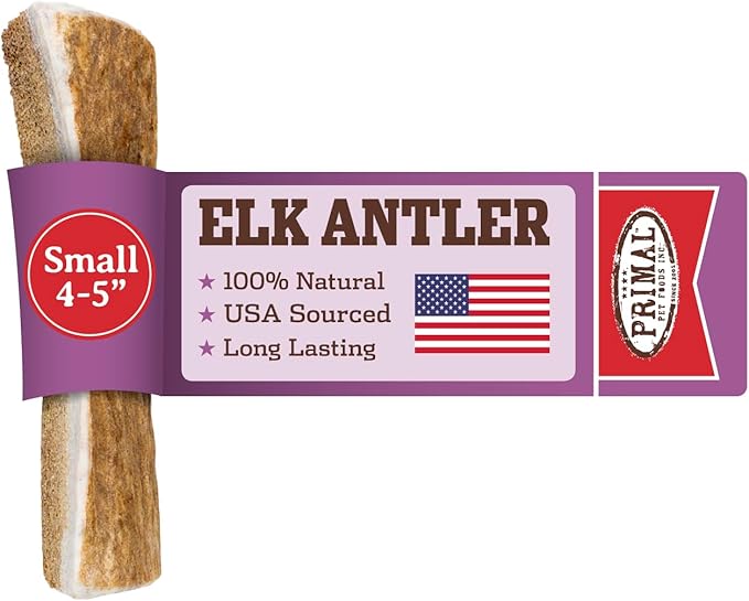 Primal Antlers for Dogs, Grade A Split Elk Antlers for Small Canines up to 15 lb, Natural Chews for Aggressive Chewers, Naturally Shed, Long Lasting Dog Bones, 1 ct