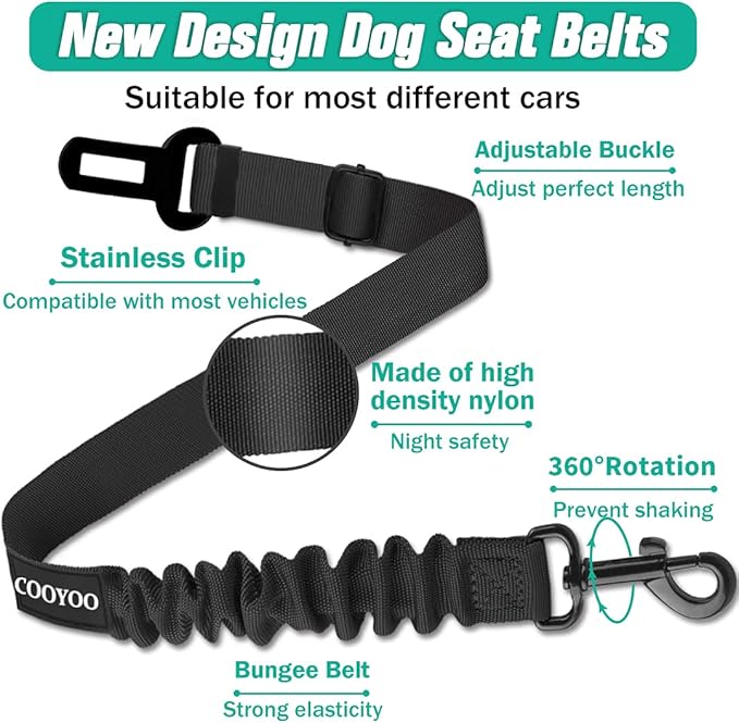 COOYOO Dog Seat Belt,3 Piece Set Retractable Dog Car Harness Adjustable for Vehicle Nylon Pet Safety Heavy Duty & Elastic