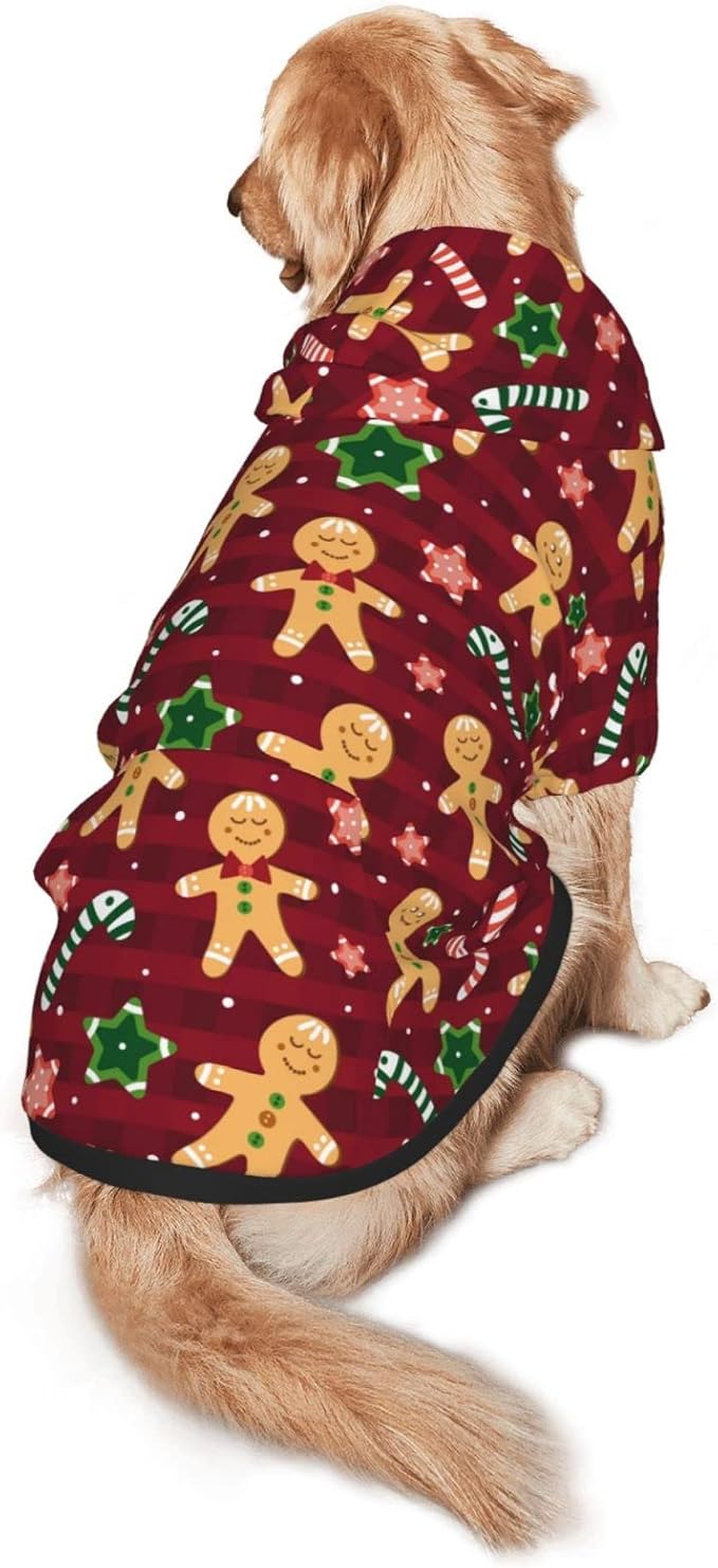 Christmas with Gingerbread Men, Candies Hoodie,Christmas Cosplay Dog Clothes with Pocket and Hat Winter Clothes Sweaters Small