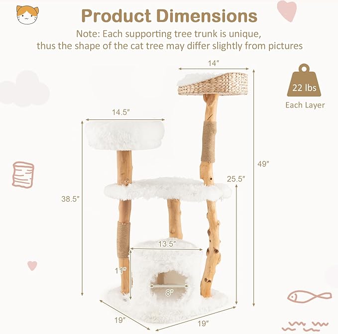 Tangkula Cat Tree Tower, Solid Wood Modern Cat Tower with Top Cattail Basket Bed, Side Perch, Large Platform & Condo, Cute Cat Tree with Scratching Posts for Indoor Cats Large Adult