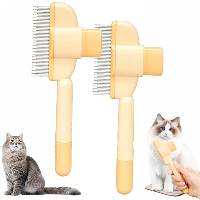Avatore Zenbrush Cat Comb, Zen Brush for Cats, 2025 Upgraded Cat Brush with Release Button, Flea Comb for Cats, Click Self Cleaning Pet Hair Removal Combs (Yellow*2)