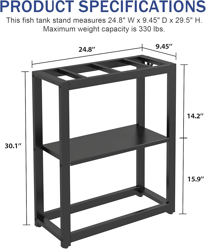 10-20 Gallon Fish Tank Stand with Storage Shelf, Aquarium Stand Measuring 24.8" W x 9.5" D x 30.1" H with Hooks,Heavy Duty Metal Turtle Reptile Tank Stand, Easy Assemble