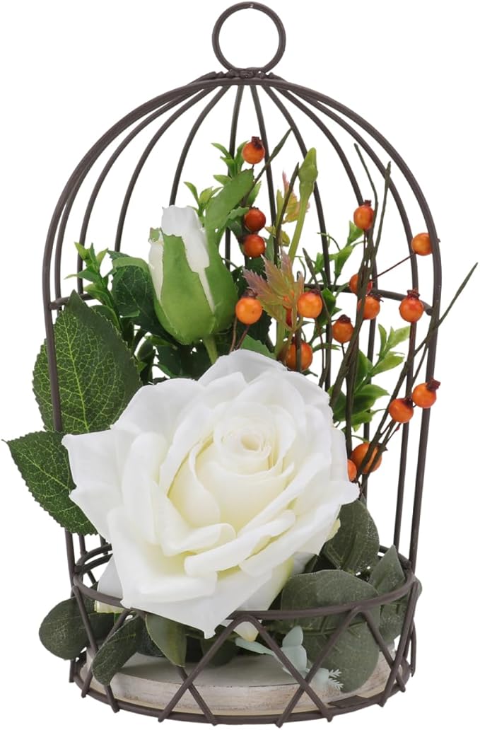 BESTOYARD Hanging Bird Cage Decor with White Simulation Rose Flowers for Home Wedding Table and Garden Ornament