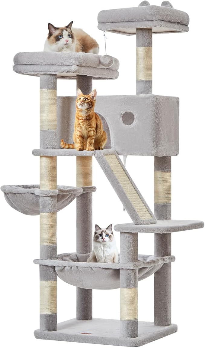 Taoqimiao Cat Tree 57.5-Inch, Cat Tower for Indoor Cats Large Adult, Extra Large Cat Condo, 8 Sisal Scratching Posts, Metal Frame Cozy Hammock, Durable Scratch Board, 2 Top Perches, Light Gray MS026W
