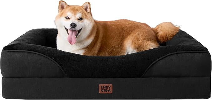 EHEYCIGA Memory Foam Dog Bed for Large Sized, Orthopedic Dog Sofa with Sides and Waterproof Liner, Washable Bolster Pet Couch with Removable Cover, 36x27x7 Inch, Black