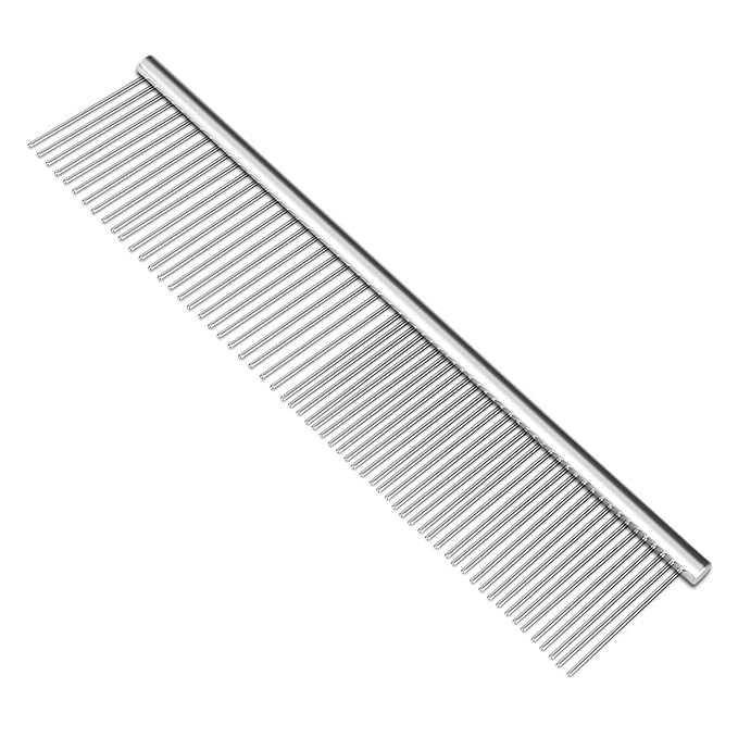 Flexzion Grooming Comb for Dogs – Stainless Steel Professional Cat Comb and Animal Tool for Removing Tangles and Knots on Medium Pets with Smooth Needle Teeth – 45mm, 1 Large