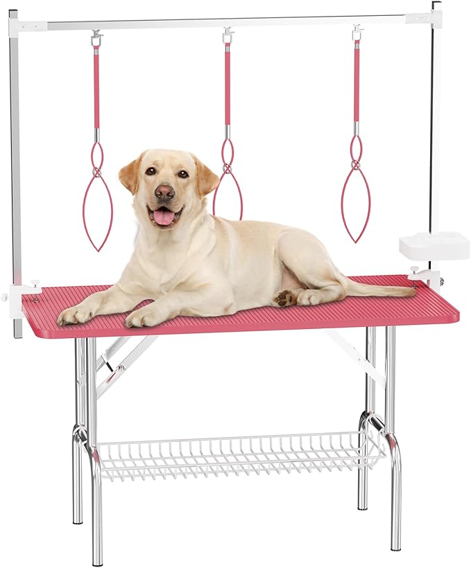 VFK 47'' Large Dog Grooming Table Stainless Steel Foldable Grooming Table for Dogs at Home Adjustable Height Arms Pet Station with Nooses, Mesh Tray, Tool Organizer