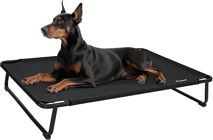 Cooling Elevated Dog Bed, Raised Outdoor Dog Bed Waterproof Pet Beds Cots Stable and Easy Assembly, Teslin Fabric with 1.2mm Thick Iron Frame, Breathable, Ultra-Sturdy，Black, 48 * 32 * 8.7