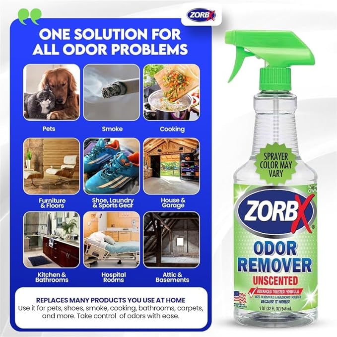 ZORBX Unscented Odor Remover Spray 32 oz - Perfect Solution for Strong Odor - Advanced Trusted Formula & Fast-Acting Odor Eliminator for Dog, Cat, Puppy