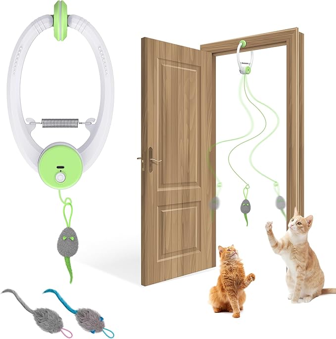 Cat Toy Interactive for Indoor Cats, Smart USB Rechargeable Door Hanging Automatic Retractable Kitten Toys, Teaser Electronic Self Play Feather Cat String Toy Attached with 3 Catnip Mice Green