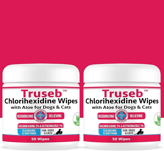 Truseb Topical for Dogs, Cats and Horses - with Aloe for Cleansing (Ketoconazole & Chlorhexidine Wipes, 100 Count)