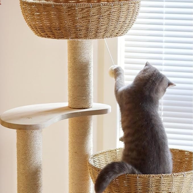 54" Large Modern Cat Trees, Luxury Rattan Oak Solid Wood Cat Trees Towers，3 Weaving Cat Nests & Washable Cool Cushions, Sisal Scratching Posts,Cat Condo for Indoor Cats- Wood Wax Oil Version