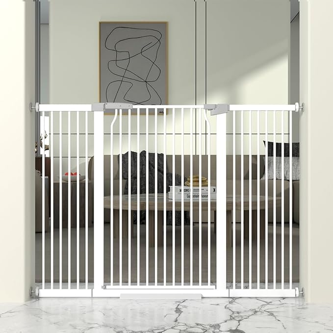 41" Extra Tall Cat Gate for Doorway, 54.8-57.4'' Metal Pet Baby Safe Gate, Extra Wide Pressure Mounted Child Door with Expansion Kit, No Drilling Cat Fence Indoor, No Climb Baby Proof Gate, White