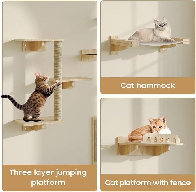 Cat Wall Shelves, Set of 6 Wooden Cat Wall Furniture Includes Scratching Post with 3 Steps, Jumping Platform, Hammock and Scratcher Board for Kittens