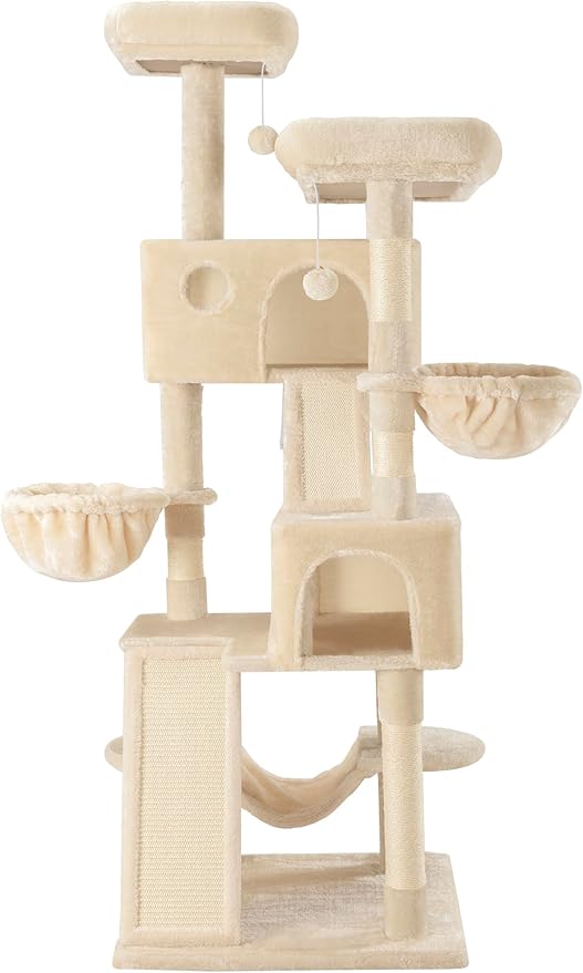 SHA CERLIN 65in Larger Cat Tree Tower Condo for Indoor Kitties/Multi-Level Furniture Activity Center with Wide Base/Cozy Plush Cat Perches/Baskets/Sisal Scratching Posts and Hammock/Beige