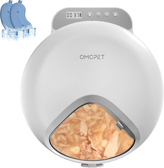 Automatic Cat Feeder Wet Food, Whisker-Friendly Automatic Cat Food Dispenser True 4-Meal Design with Locking Lid, Smart Timer Feeder for Wet Cat/Dog ，2-Ice Packs, Easy to Clean (White-1)