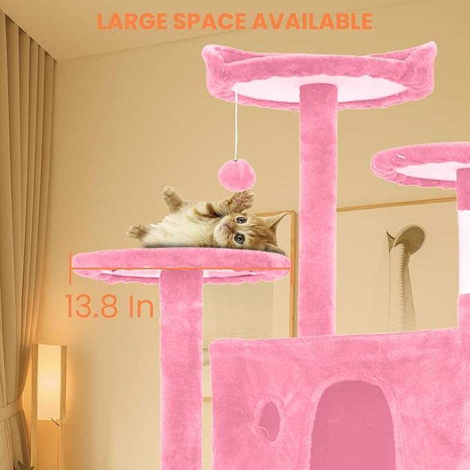 54.7 inches Cat Tower for Indoor Cats, Multi-Level Cat Condos with Scratching Posts, Hanging Toys, Pink