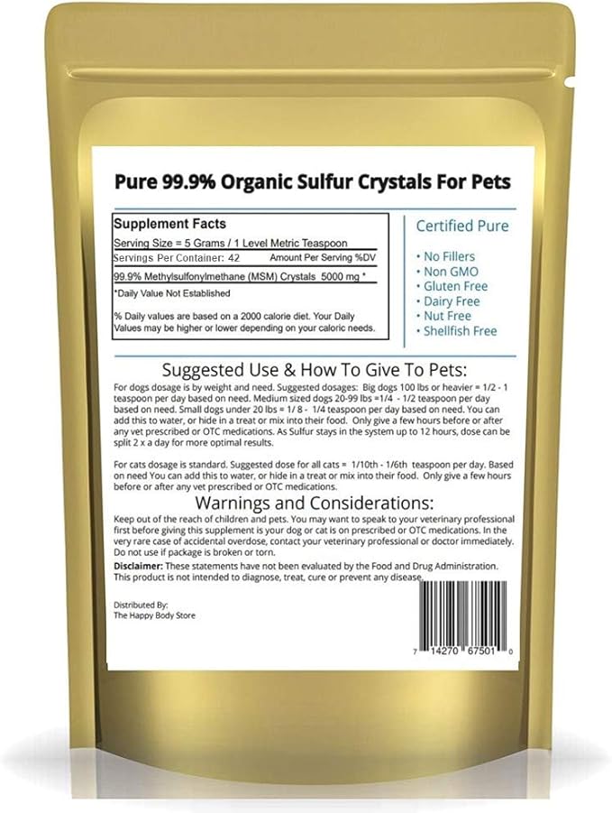 Pure MSM Joint Supplement for Dogs, Cats, & Horses – 100% Additive-Free – High Performance, Supports Pets Wellness, Healthy Joints, Mobility, Aches, & Fatigue – HAPPY BODY - 7oz