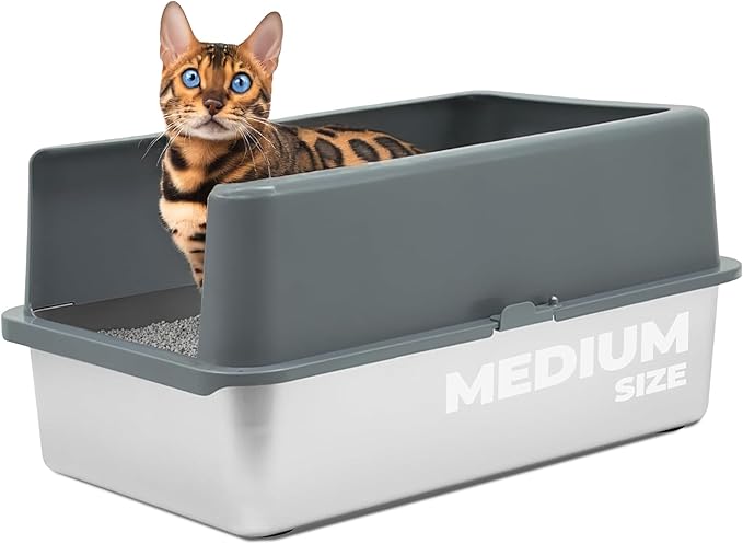 iPrimio - Stainless Steel Enclosed Litter Box for Cats - Easy to Clean - Includes High-Sided Litter Box, Scooper for Extra Scatter Protection - Medium Size for Big Cats - 20 x 14.2 x 6 in