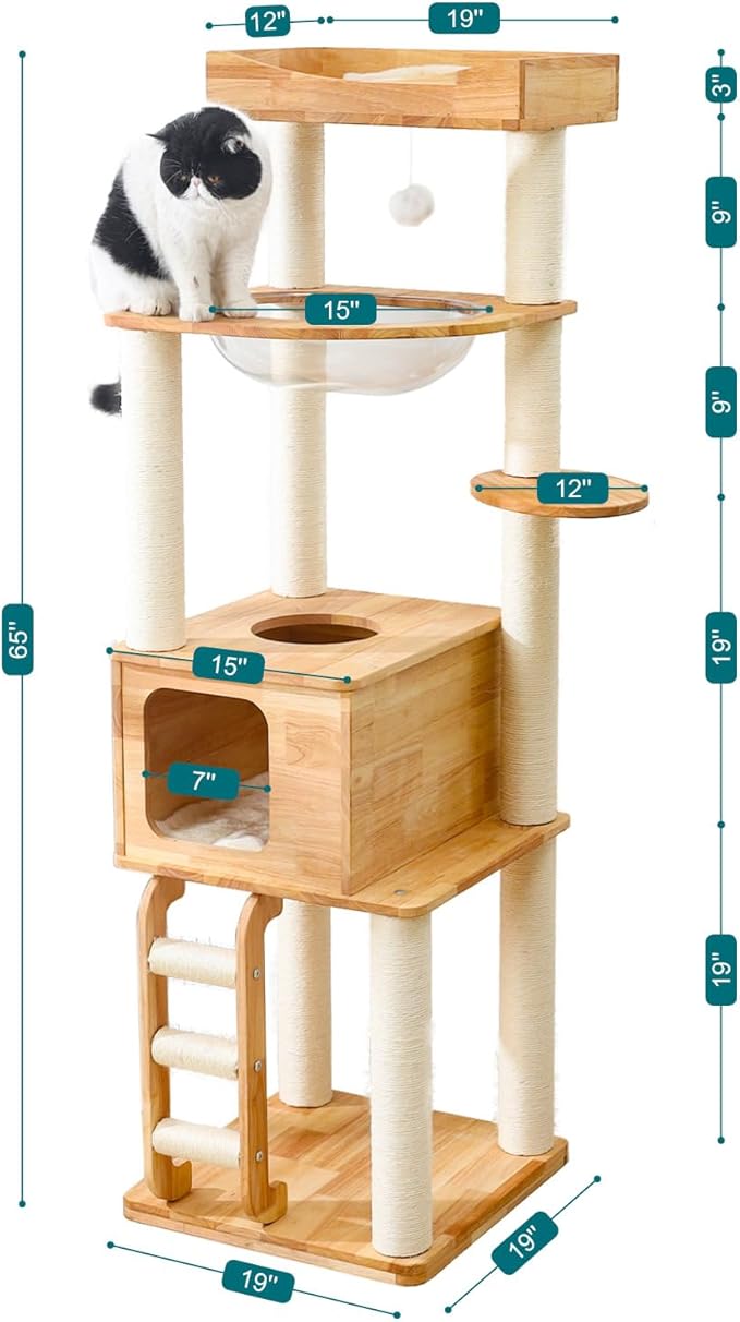65-inch Tall Cat Tree，Cat Tower for Indoor Cats with Feel-Safe Enclosed Cat Cave、Scratching Post、Space Capsule Nest and Cat Ladder
