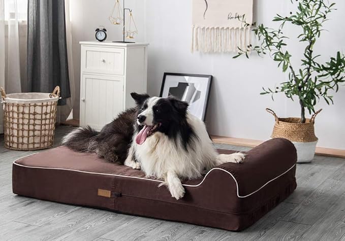 KOPEKS Orthopedic Memory Foam Dog Bed 7" Inch Thick Extra Large Dog Bed With Pillow Brown 50"x34"x10" Includes Waterproof Liner & Durable Removable Cover With Smart Design