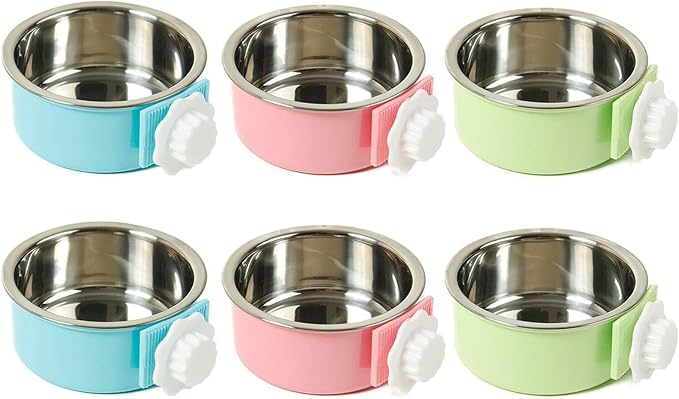 kathson Crate Dog Bowl, Removable Stainless Steel Hanging Pet Cage Bowl Food & Water Feeder Coop Cup for Cat, Puppy, Birds, Rats, Guinea Pigs 6pcs Large(2×Blue,2×Green,2×Pink)