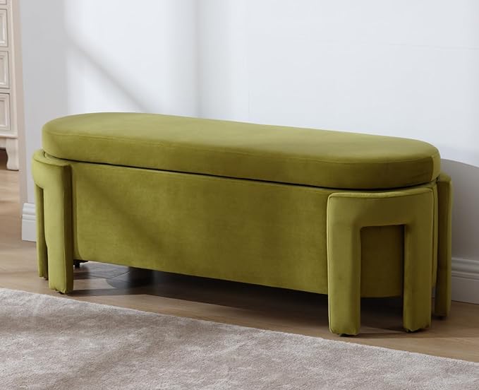 Kmax 50" Storage Ottoman Bench Modern Velvet Entryway Bench Comfy Upholstered End of Bed Bench for Hallway Entrance Bedroom Corner, Olive Green