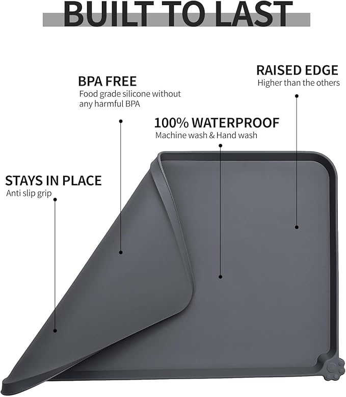 Waterproof Pet Feeding Mat with High Raised Edges, Heavier and Thicker Placemats for Cat Dog Water Bowl with BPA Free, Dogs Cats Food Mats for Messy Drinkers to Prevent Spill and Protect Floors