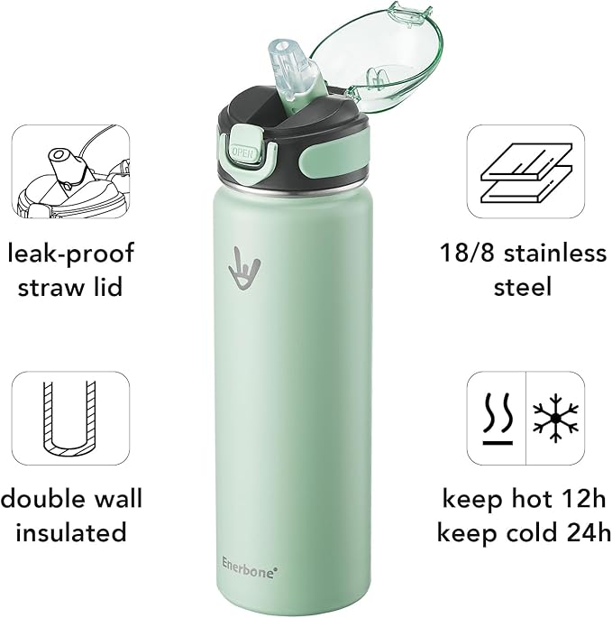 Enerbone 24 oz Insulated Water Bottle, Stainless Steel Bottle with Carrying Strap, Double-Wall Vacuum Insulation Design, Leakproof Sports Bottle with Straw, Keep Drinks Cold or Hot for Hours