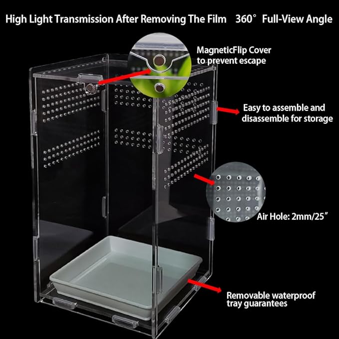 Acrylic Jumping Spider Enclosure,Reptile Enclosure,Bug Habitat, for Small Tree Dwelling Reptiles,Arboreal Tarantula Enclosure, Spider Terrarium Kit,Plastic Terrarium(4.7" X 4.7" X 8")