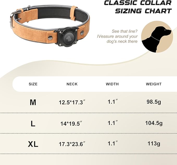 AirTag Dog Collar - Leather Dog Collar with Air Tag Holder | IPX8 Waterproof, Reflective, High - End, Adjustable Soft Padded | Dog GPS Tracker Collars Fit for Medium Large Dogs (Light Brown, XL)