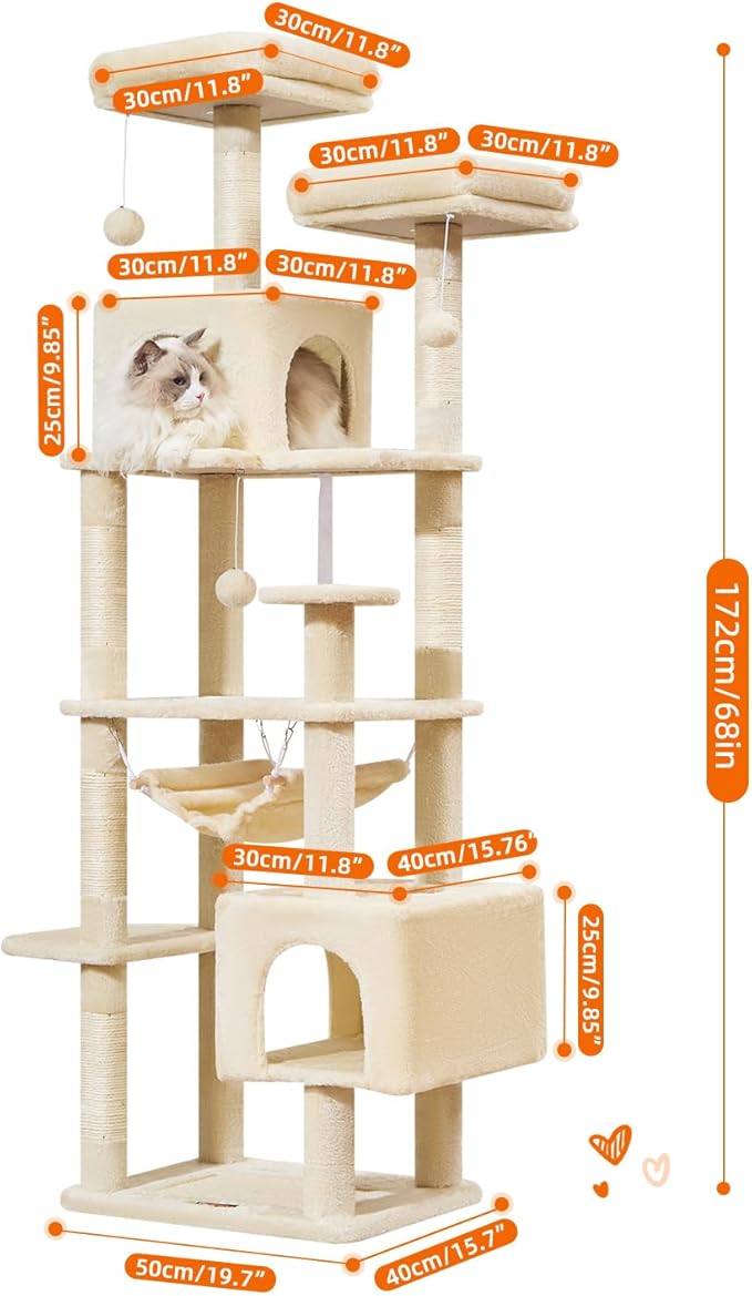 Taoqimiao Cat Tree, 68-Inch Cat Tree Cat Tower for Indoor Cats, Plush Multi-Level Cat Condo with 6 Scratching Posts, 2 Perches, 2 Caves,Hammock, 3 Pompoms,MS020SM Beige