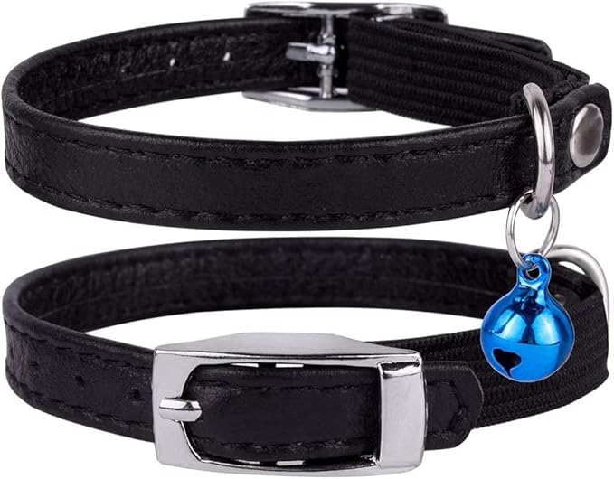 CollarDirect Leather Cat Collar, Cat Safety Collar with Elastic Strap, Kitten Strap with Bell Black Blue Red Orange Lime Green (6-7 Inch, Black)
