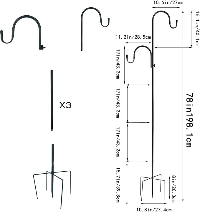 MIPON 2 Pack 78 Inch Double Shepherds Hooks for Outdoor Bird Feeder,Hanging Plants,Solar Light,Adjustable 78/62/46/30 Inch,3/4 Inch Width Heavy Duty Garden Shepards Hook