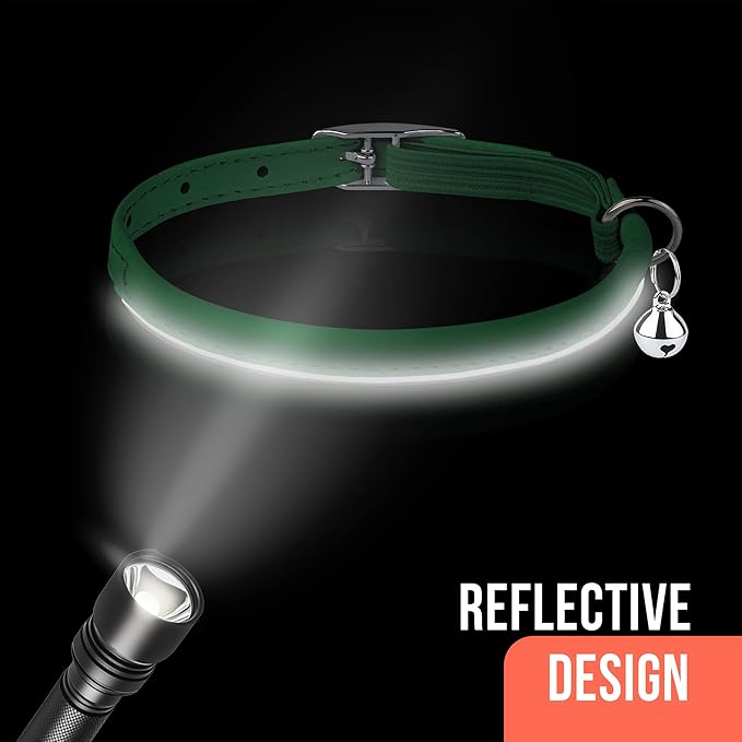 OOPSDOGGY Rolled Leather Cat Collar with Bell, Reflective Kitten Collars with Buckle Include Safety Elastic Strap - Adjustable Small Pet Collars for Boy Girl Cats (Green)