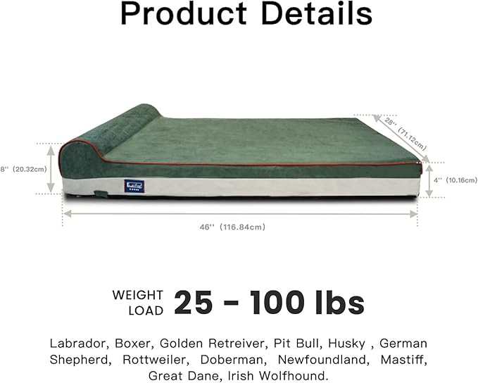 Laifug Orthopedic Memory Foam Dog Bed with Durable Water Proof Liner and Removable Washable Cover (Large (46"x28"x8"), Dark Green)