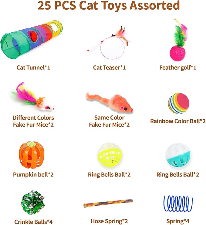iCAGY 25-Piece Cat Toys Kit with Rainbow Tunnel - Interactive Cat Toy Bundle for Indoor Cats, Kitten Playtime Variety Set Includes Feather Teaser, Springs, Balls, Mice & Noise Toys