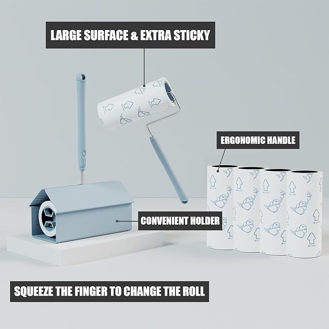 Extra Sticky Large Surface Lint Roller, 6.3'' Giant Lint Roller for Pet Hair, 360 Sheets/ 4 Refills, Long Handle Lint Remover for Clothes, Furniture (1 Roller + 360 Sheets)