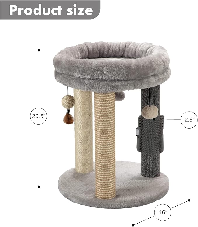 MECOOL 4in1 Small Cat Tree,Scratching Post with Tower Soft Bed, Sisal Carpet Jute Posts with Three Hanging Ball Toys and Massage Brush for Indoor Cats and Kittens