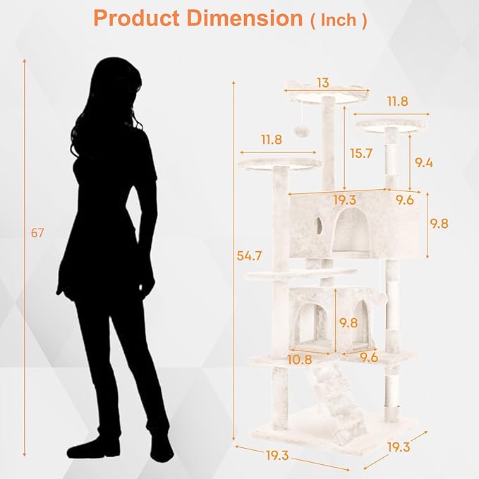 54.7 inches Cat Tower for Indoor Cats, Multi-Level Cat Condos with Scratching Posts, Hanging Toys, Beige