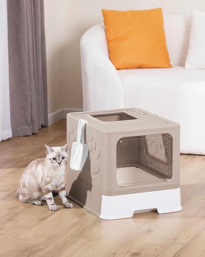Enclosed Cat Litter Box, Large Litter Box for Big Cats, Covered Kitty Litter Boxes with Lid, Top Entry Cat Box Enclosure with Scoop, Odor Control, Easy to Clean(Coffee)
