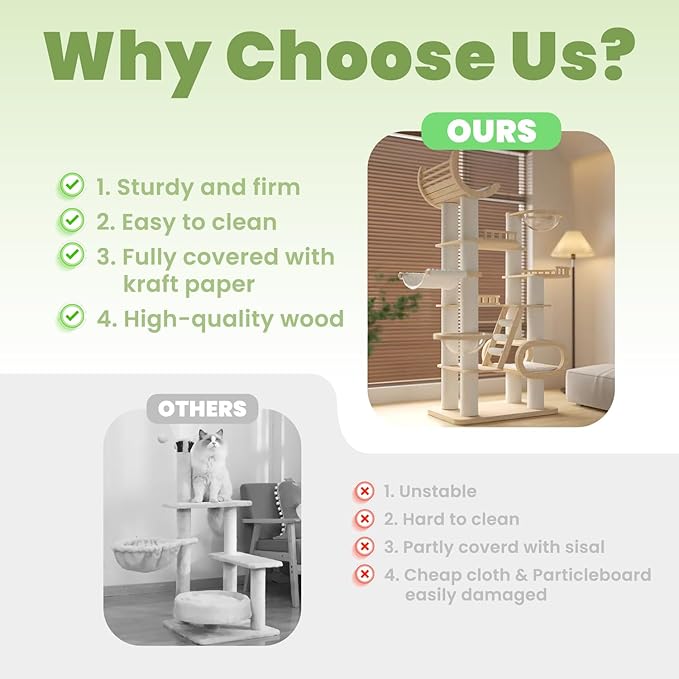 82.7'' Large Cat Tree, Modern Cat Tower with Scratching Post, Luxury Cat House, Wood Cat Tree for Indoor Cats Large Adult, Multi-Level Activity Center with Hammock, Clear Bowl, Semi-Closed Condo