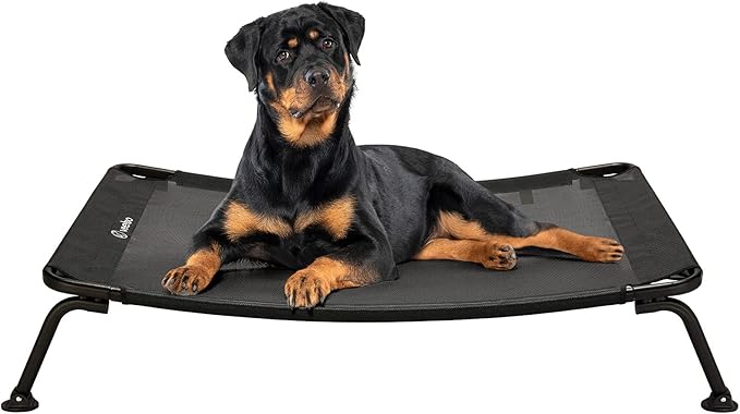 Veehoo Outdoor Elevated Dog Bed, Cooling Raised Dog Cot Bed XL, Portable Waterproof Curved Dogs Hammock Beds for Outside, up to 150lbs, Black Legs, Black 49"