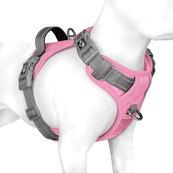 PHOEPET No Pull Dog Harness, Unique Colors Reflective Adjustable Dog Vest, with Soft Training Handle Metal Clips for Small Medium Large Dogs (Baby Pink Base & Grey Straps,S)