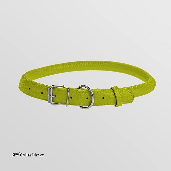 CollarDirect Rolled Leather Dog Collar, Soft Padded Round Puppy Collar, Handmade Genuine Leather Collar Dog Small Large Cat Collars 13 Colors (15-19 Inch, Lime Green Textured)
