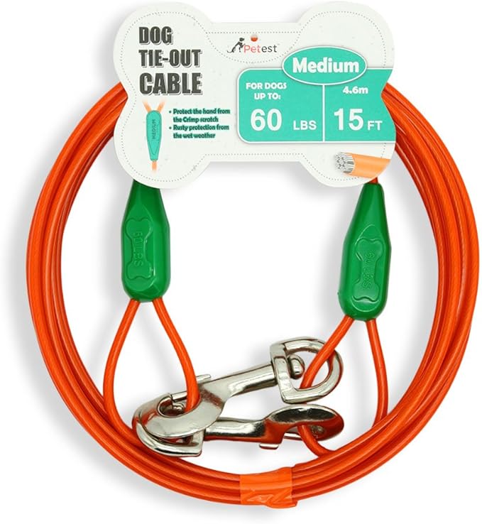 Petest 15ft Tie-Out Cable with Crimp Cover for Medium Dogs Up to 60 Pounds DarkGreen & Orange