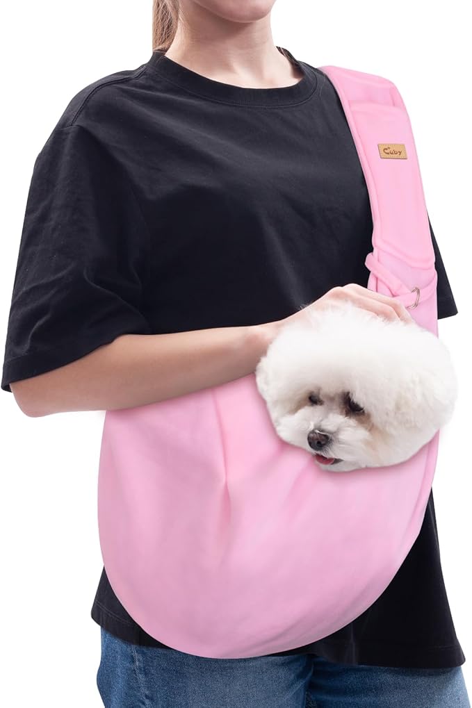 CUBY Dog and Cat Sling Carrier, Hands Free Reversible Pet Papoose Bag, Soft Pouch Adjustable, Suitable for Puppy Cats for Outdoor Travel (Pink, M-Adjustable Strap)