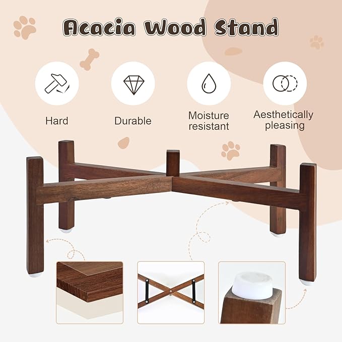 SPUNKYJUNKY Ceramic Elevated Dog Bowl Set with Acacia Wood Stand for Food and Water for Medium Dog (42.27 OZ, White and Reddish Brown)