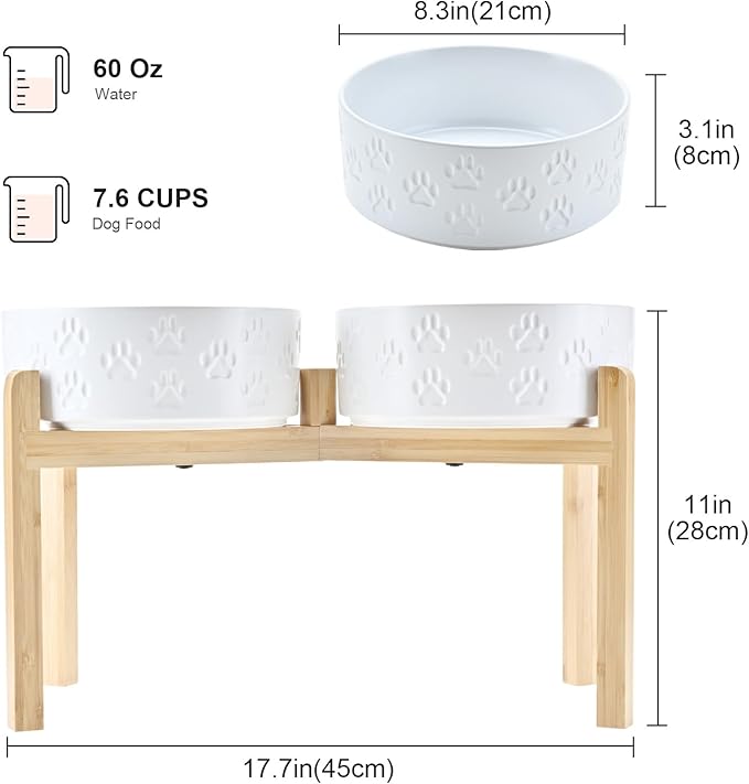 SPUNKYJUNKY Elevated Dog Bowls Ceramic, 8.3'' Dogs Food Water Bowls Raised with Non-Slip Bamboo Stand for Large Sized Breed Microwave Dishwasher Safe - 60 OZ,Paw White